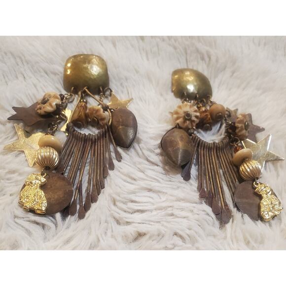 Vintage Pierced Earrings Dangle Multi Strand Beads Boho Bohemian Hippie Gypsy - Picture 2 of 4